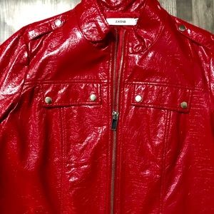 Bright Red waist length faux leather jacket
